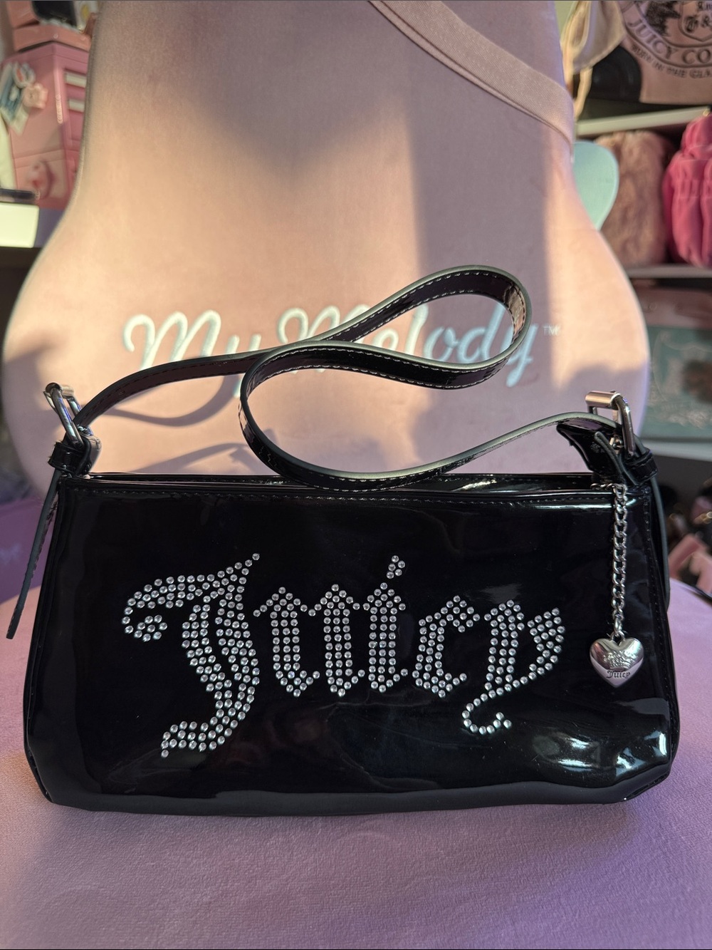 Juicy Couture Black Patent Rhinestone Logo Shoulder Bag with Heart Charm